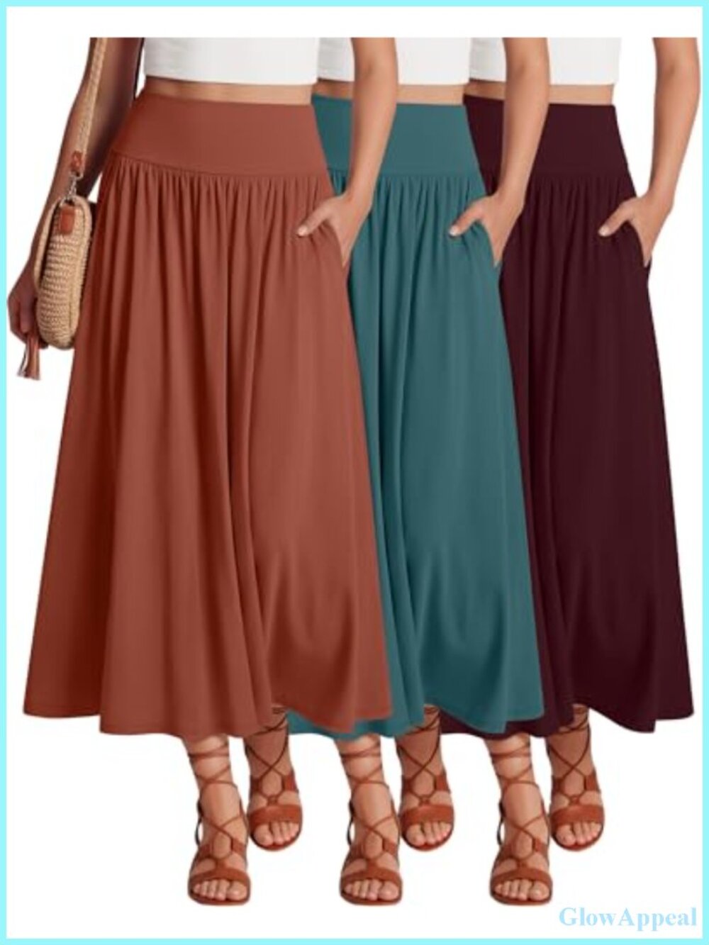 3-Pack Maxi Long Skirts - High Waisted Ankle Length Pleated Flowy with Pockets